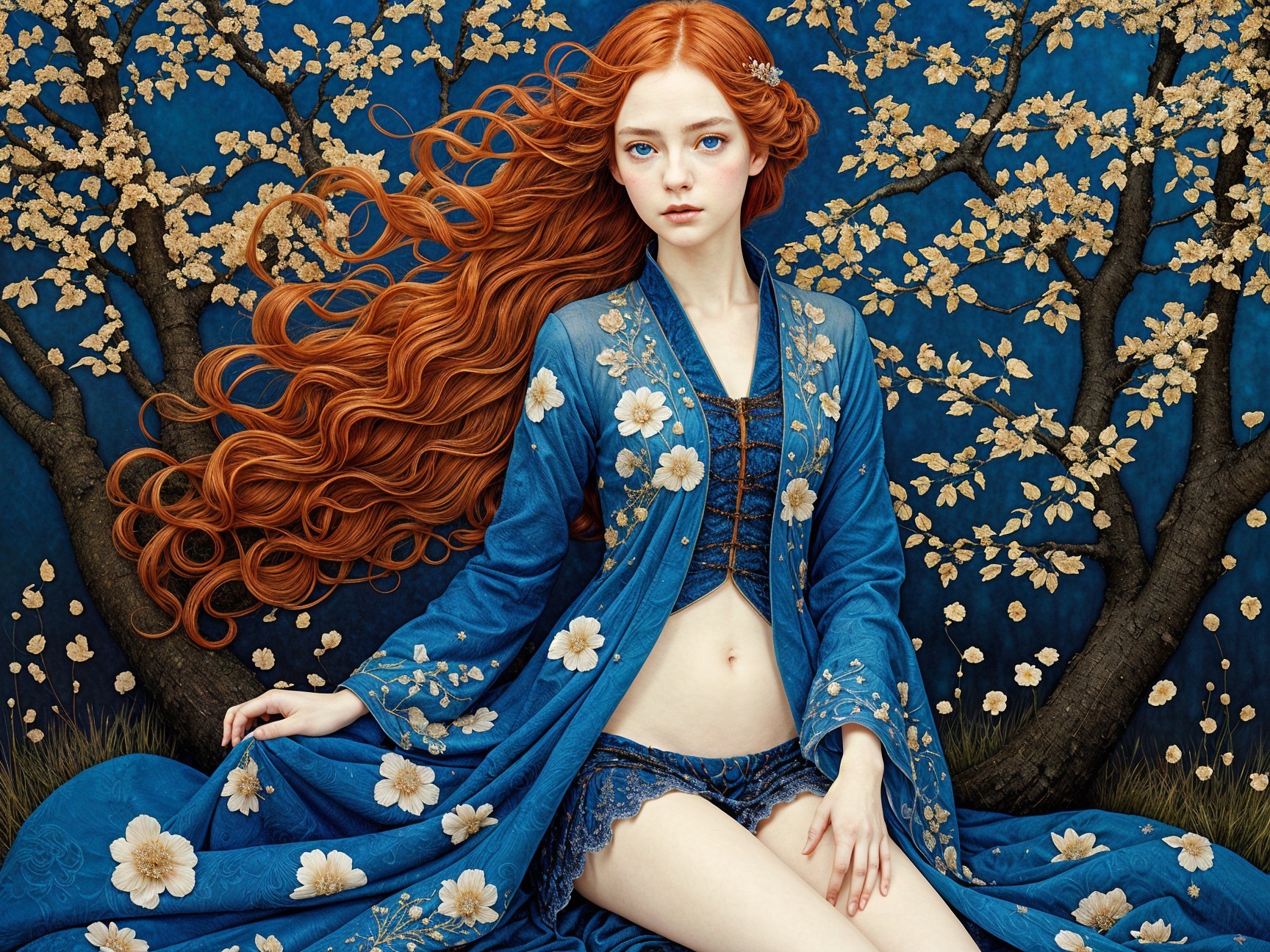 Young woman in blue robe against floral backdrop