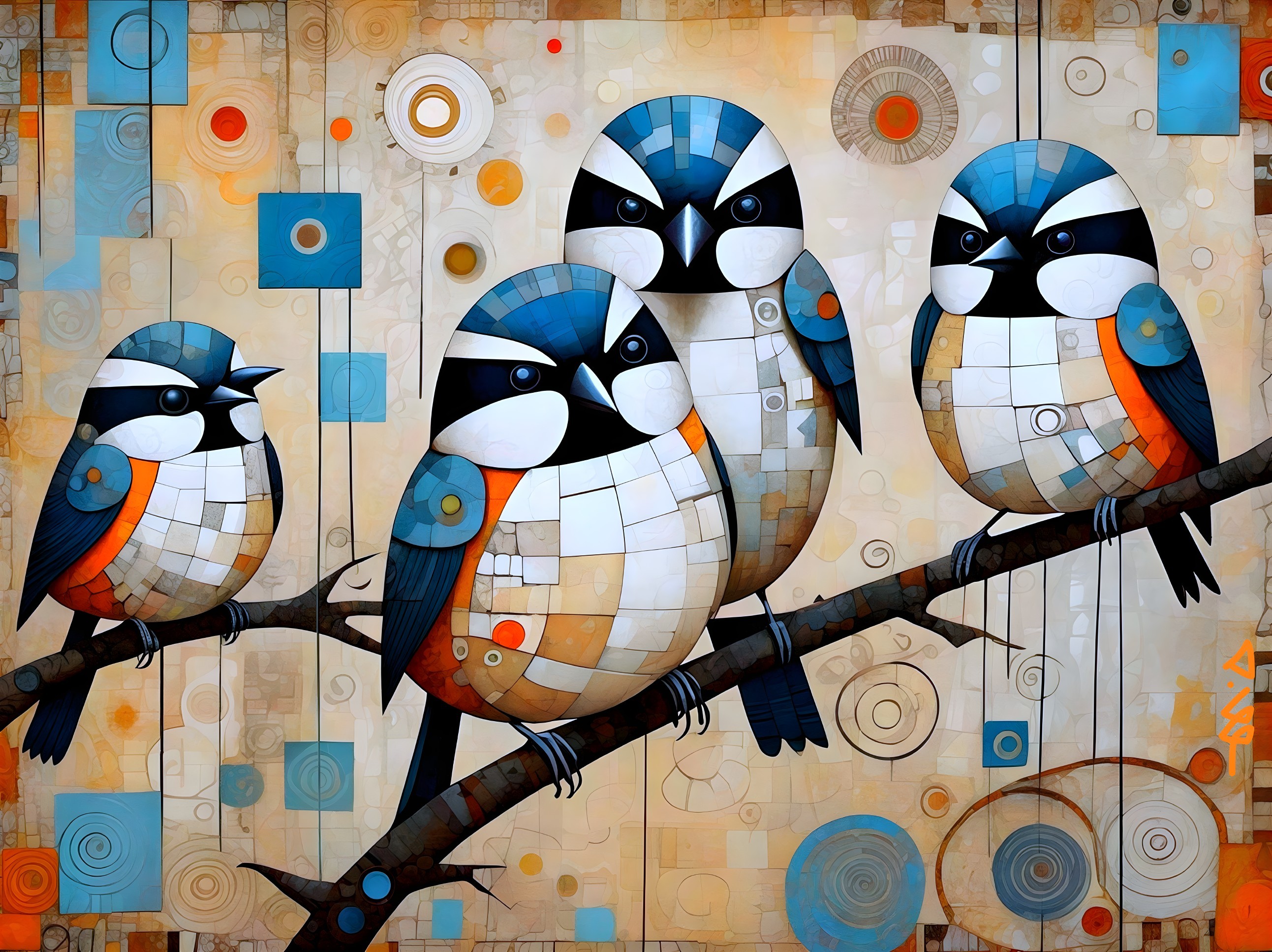 Abstract Mosaic Painting of Birds on a Branch