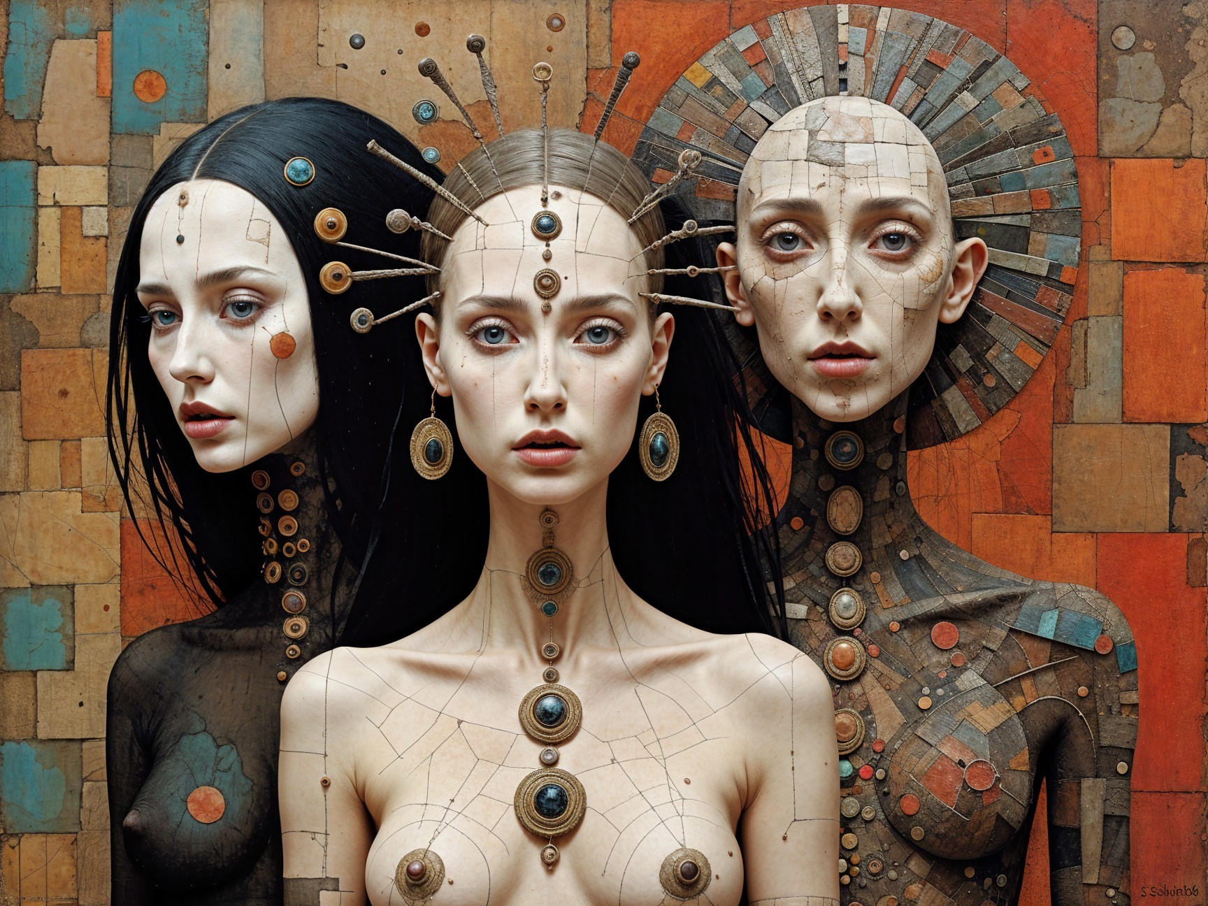 Stylized female figures with unique hairstyles and jewelry