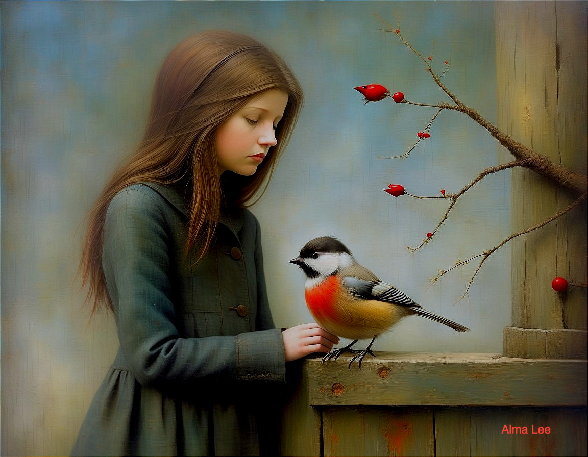 Young Girl Observing Colorful Bird in Serene Setting