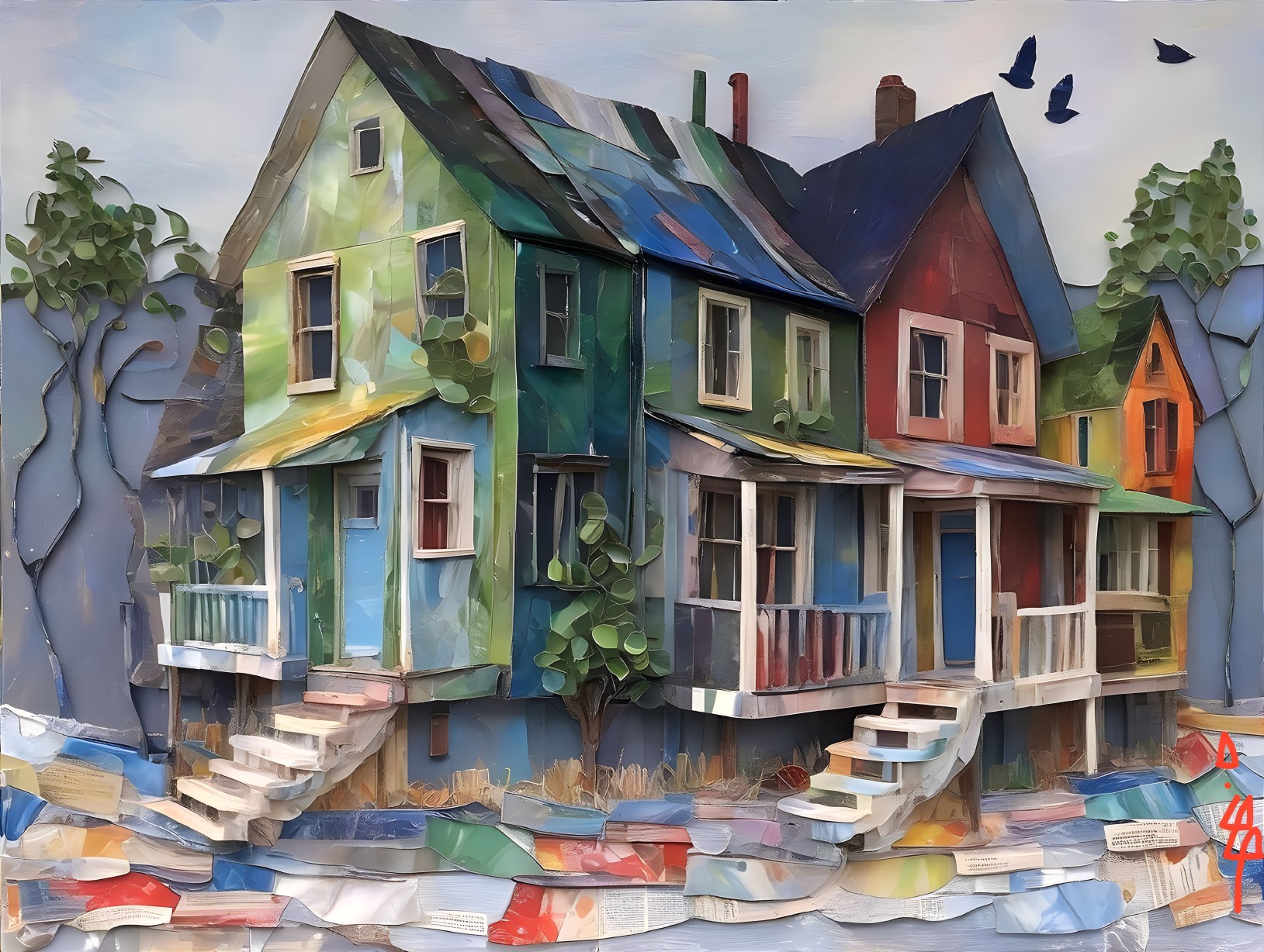 Vibrant Collage of Colorful Houses and Nature Elements