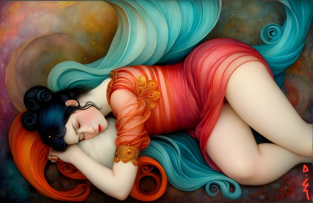 Serene woman in colorful background with flowing gown