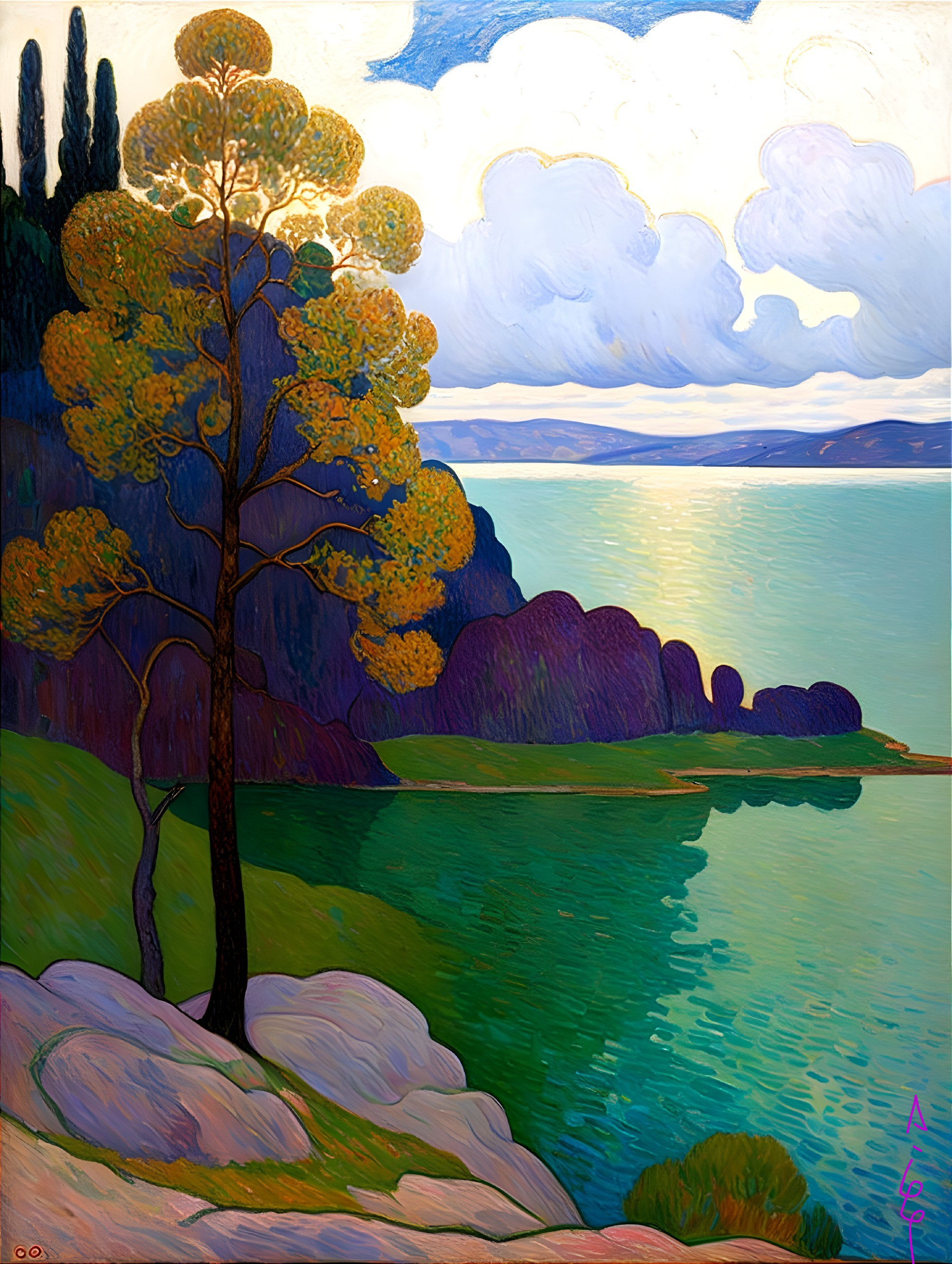 Serene landscape with a golden-leaved tree and hills