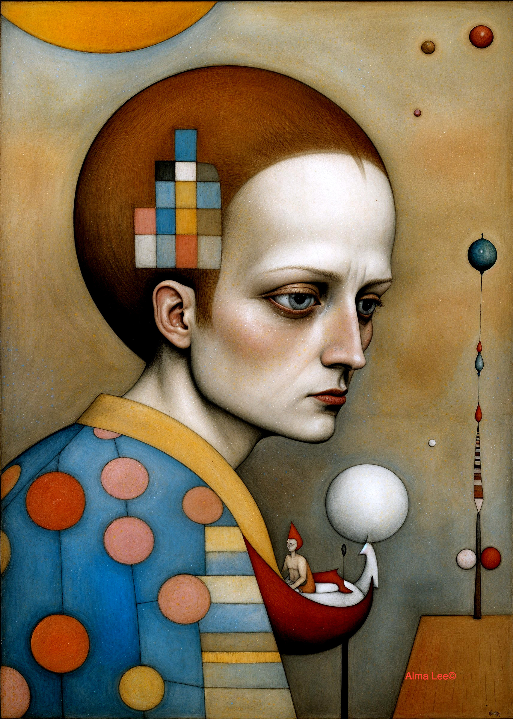 Contemplative Figure in Abstract Geometric Surroundings