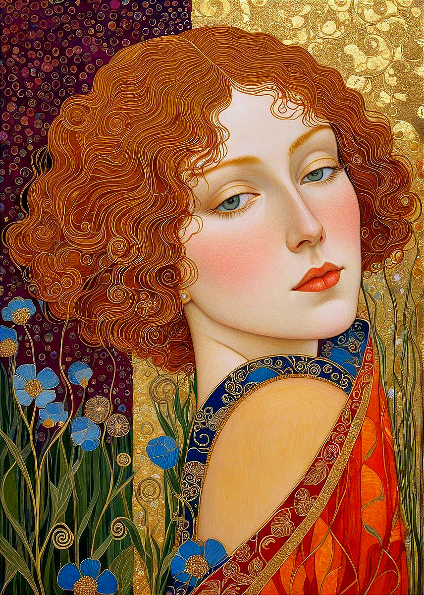 Portrait of a woman with curly reddish hair and patterns