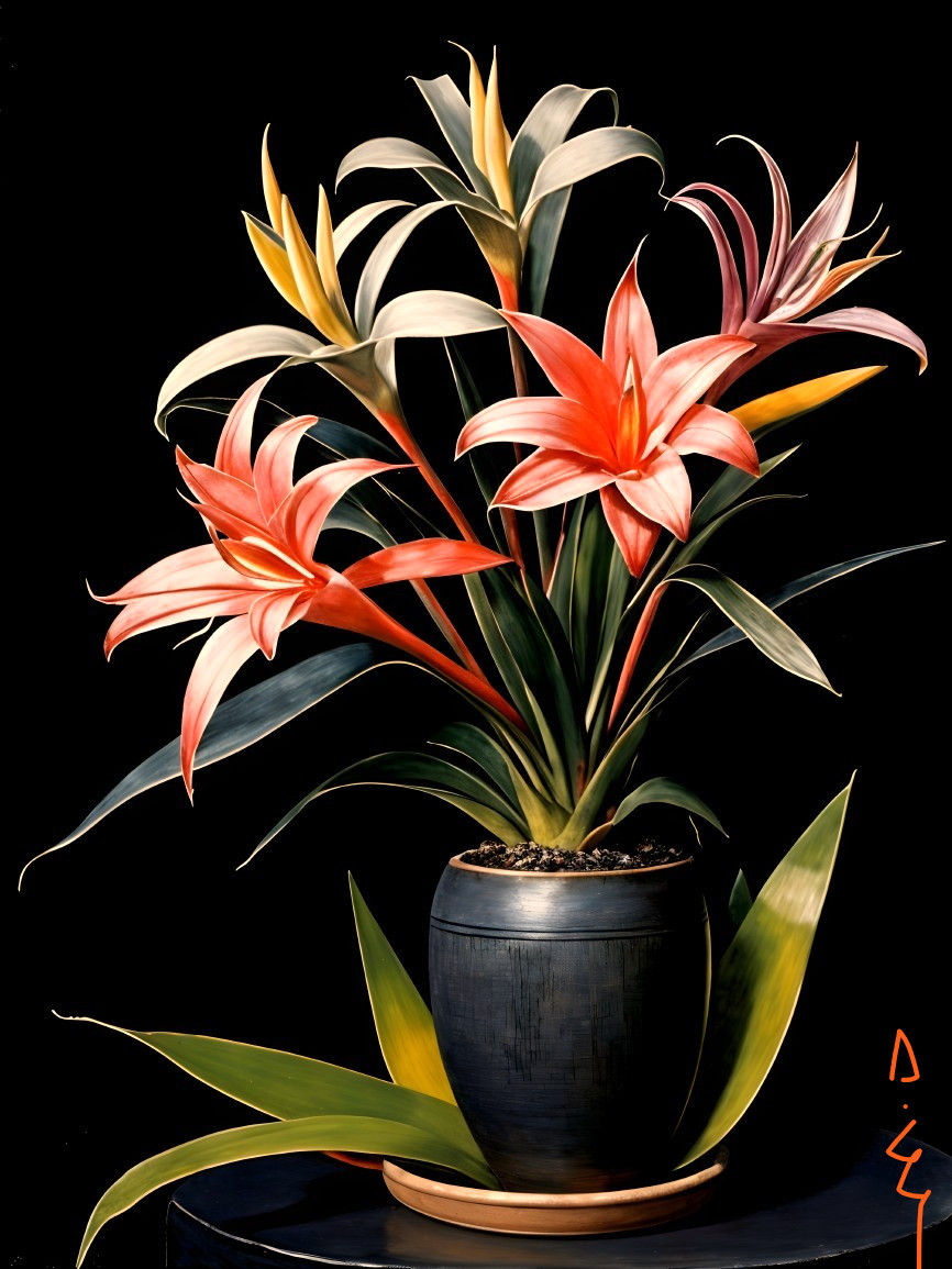 Colorful Flower Arrangement in Dark Ceramic Pot