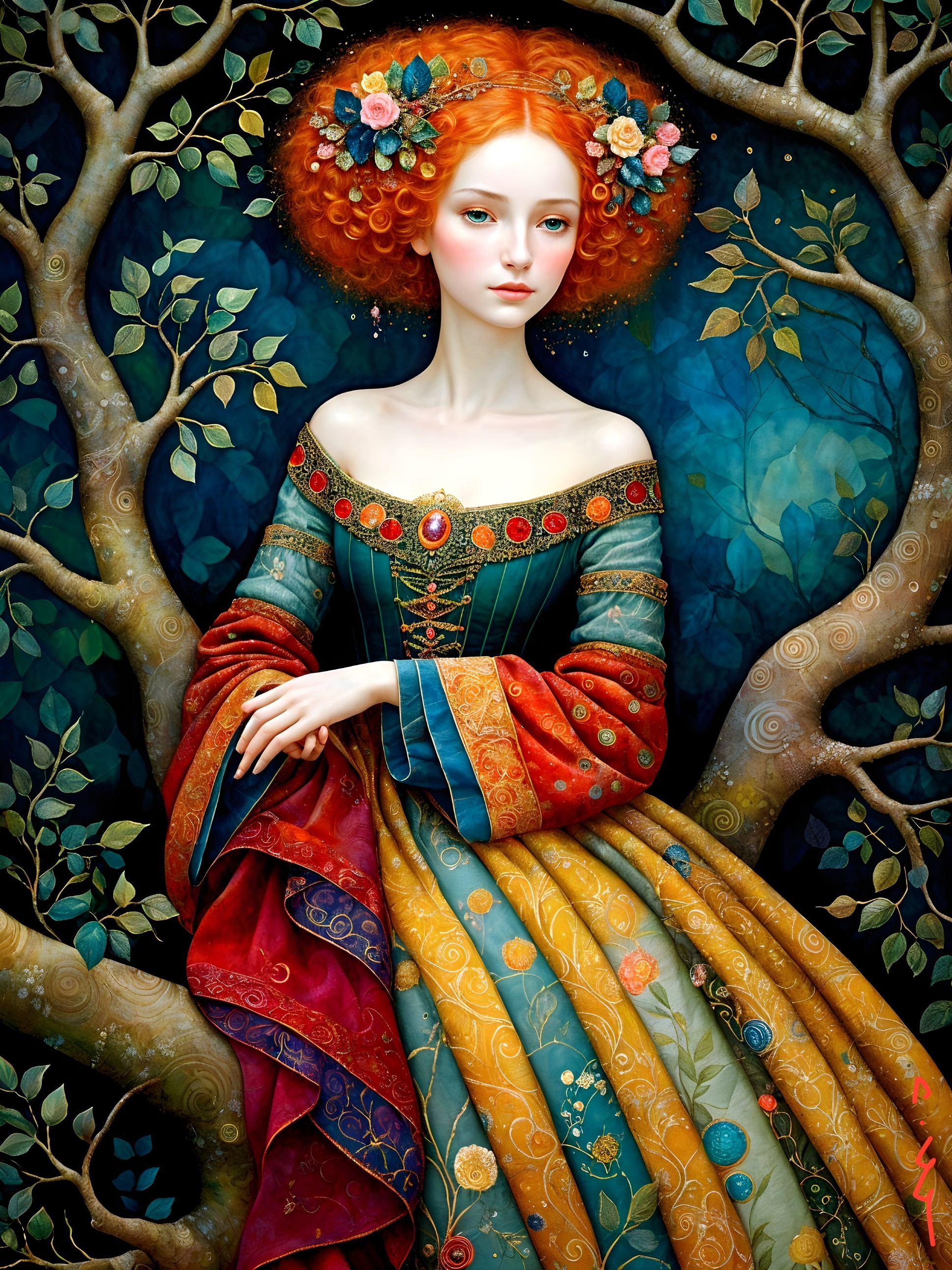 Serene figure with red curls in a floral gown among trees