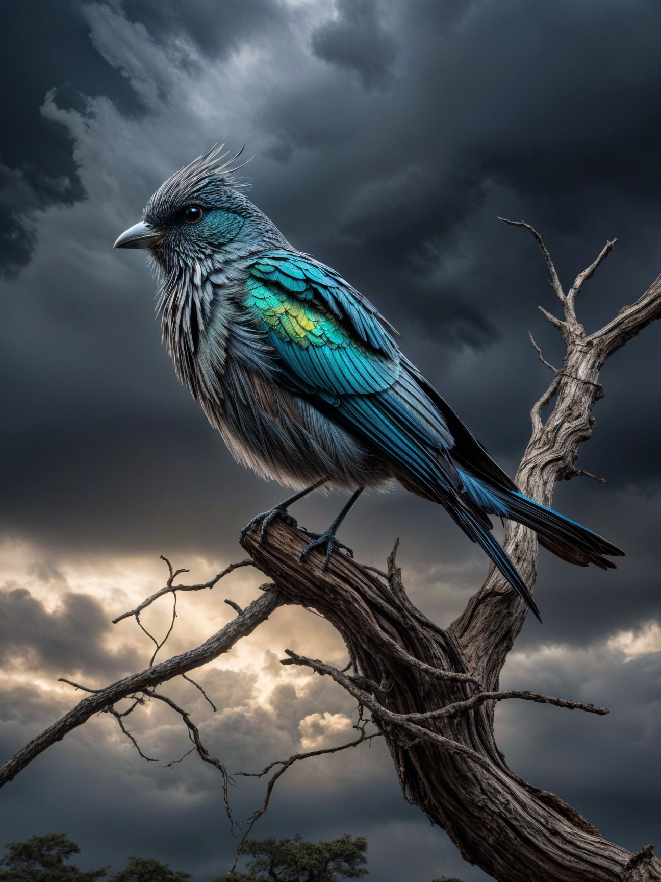 Vibrant Blue and Green Bird on Twisted Branch