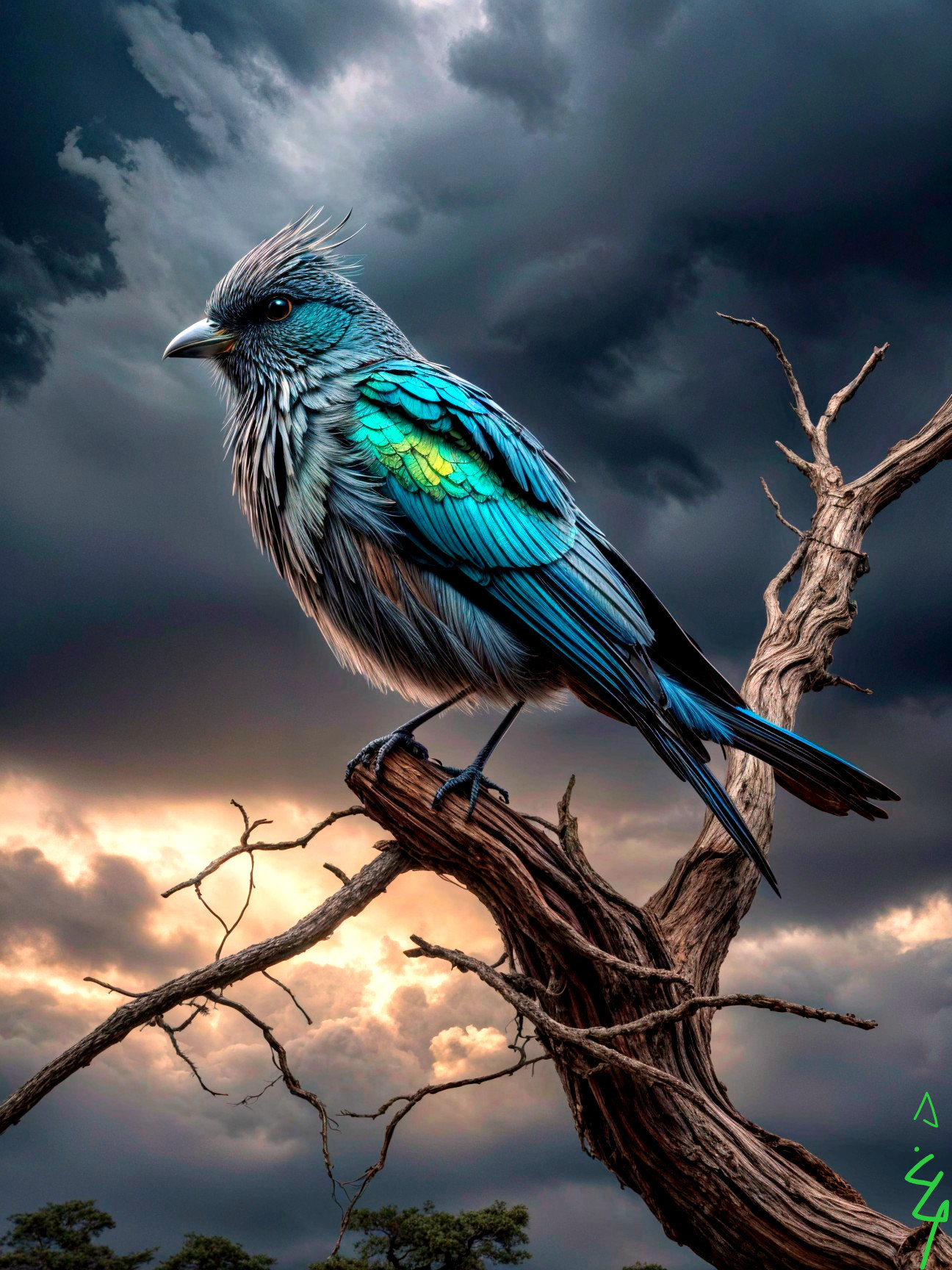 Vibrant Blue and Green Bird on Twisted Branch