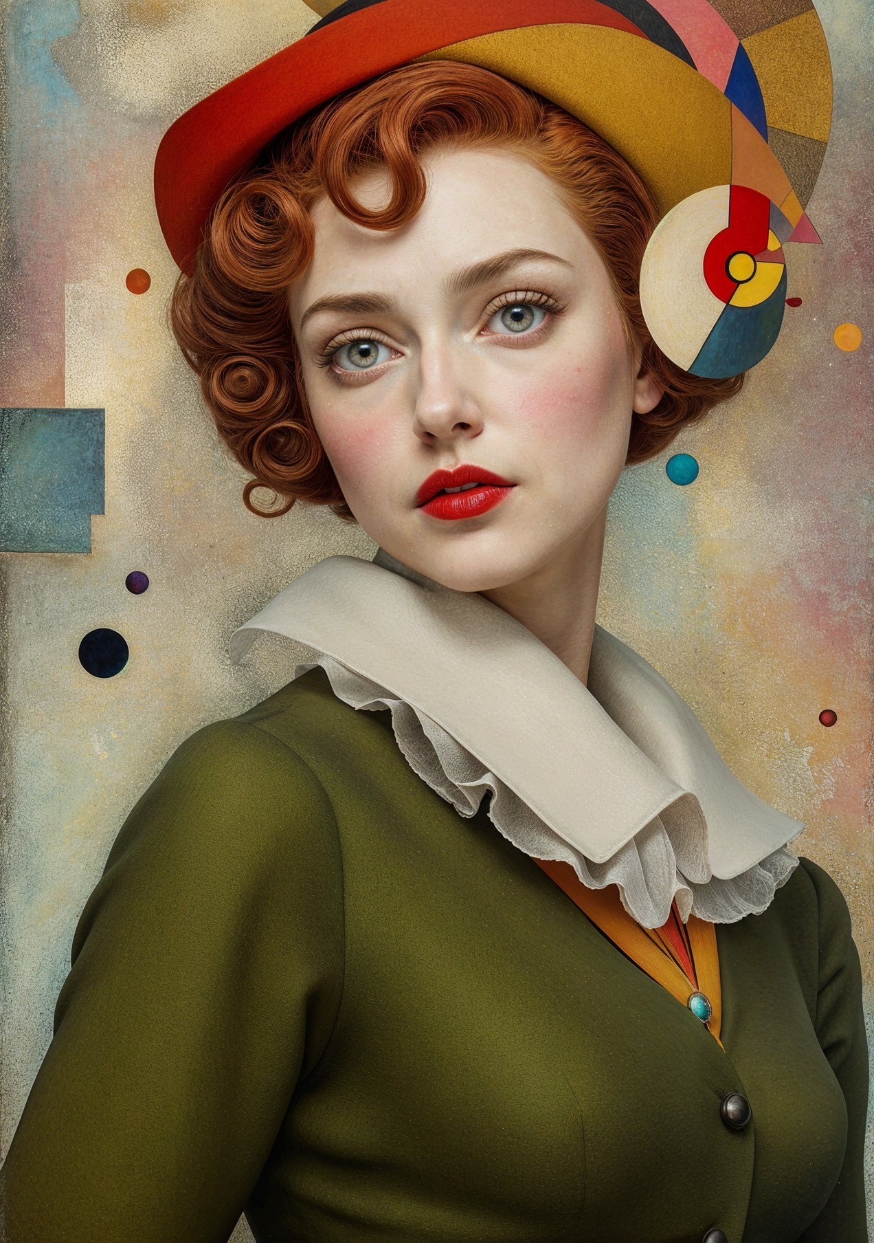 Young Woman with Red Hair in Green Blazer and Hat