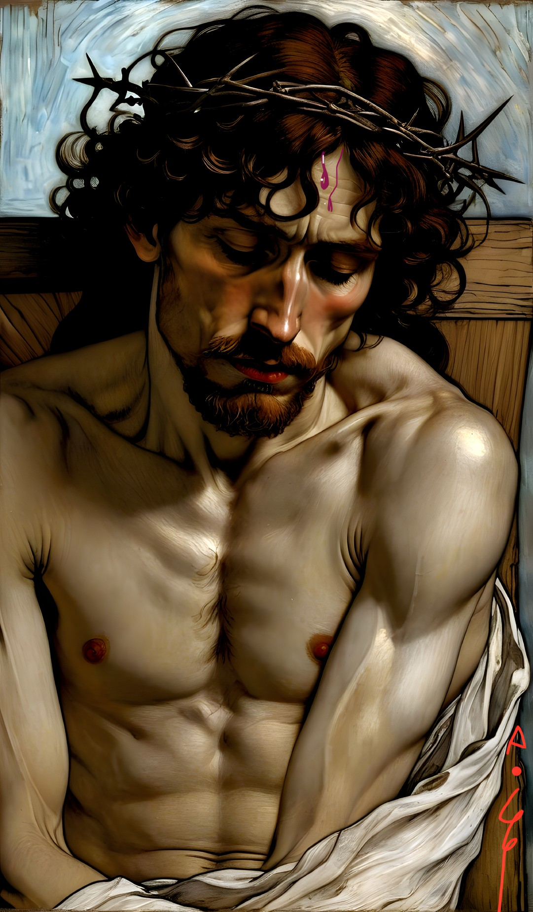Somber Figure with Crown of Thorns and Draped Fabric