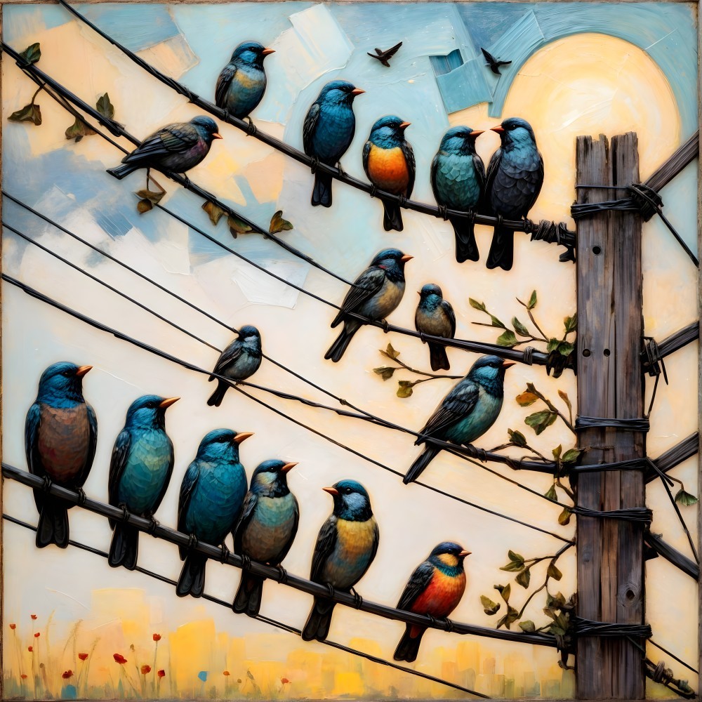 Colorful Birds on Wires Against Urban Background