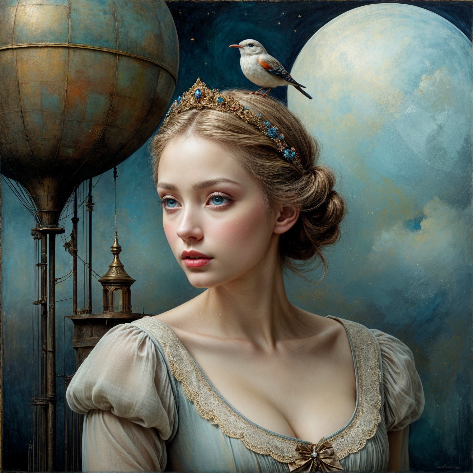 Young Woman in Vintage Gown with Whimsical Balloons