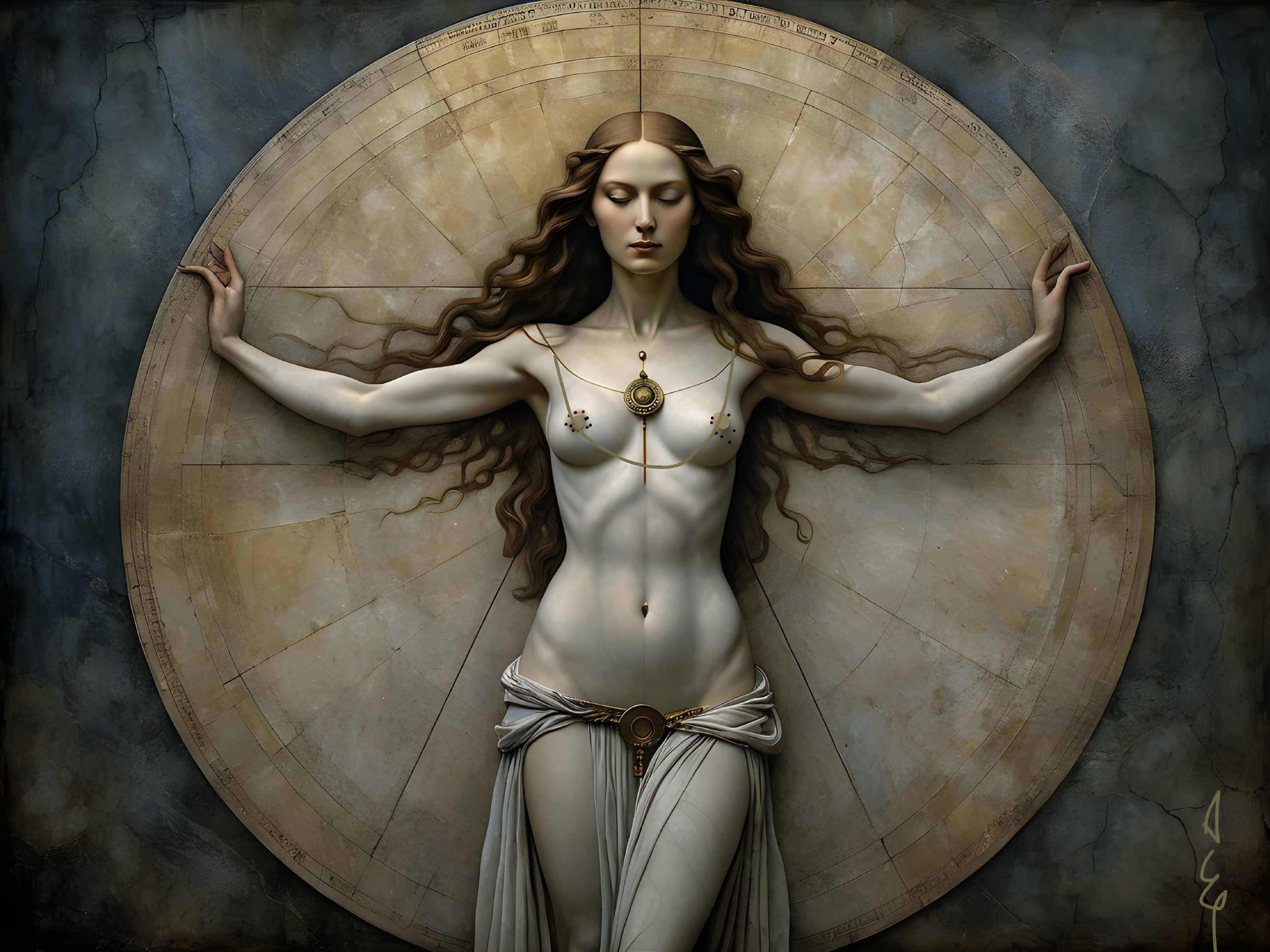 Nude Woman Against Circular Astrological Map Backdrop