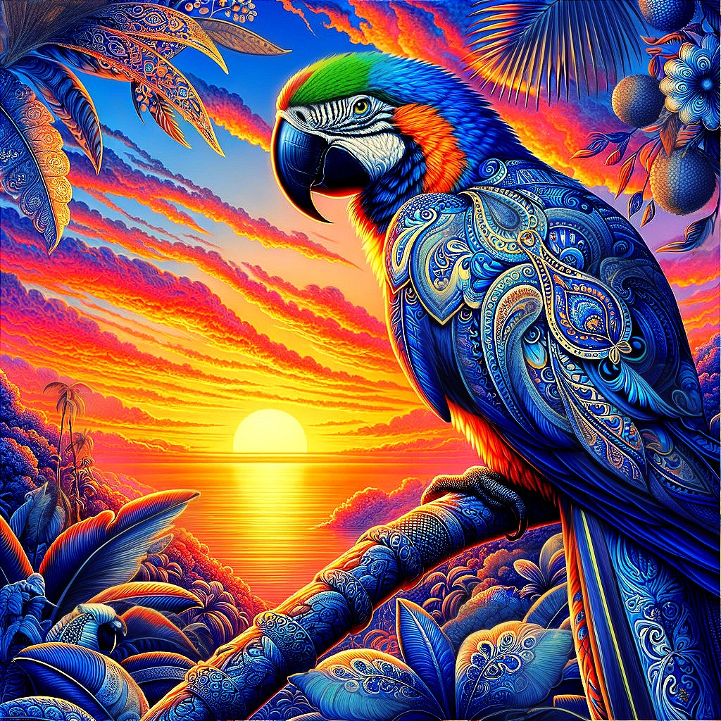 Tropical Twilight: Blue Parrot in Sunset