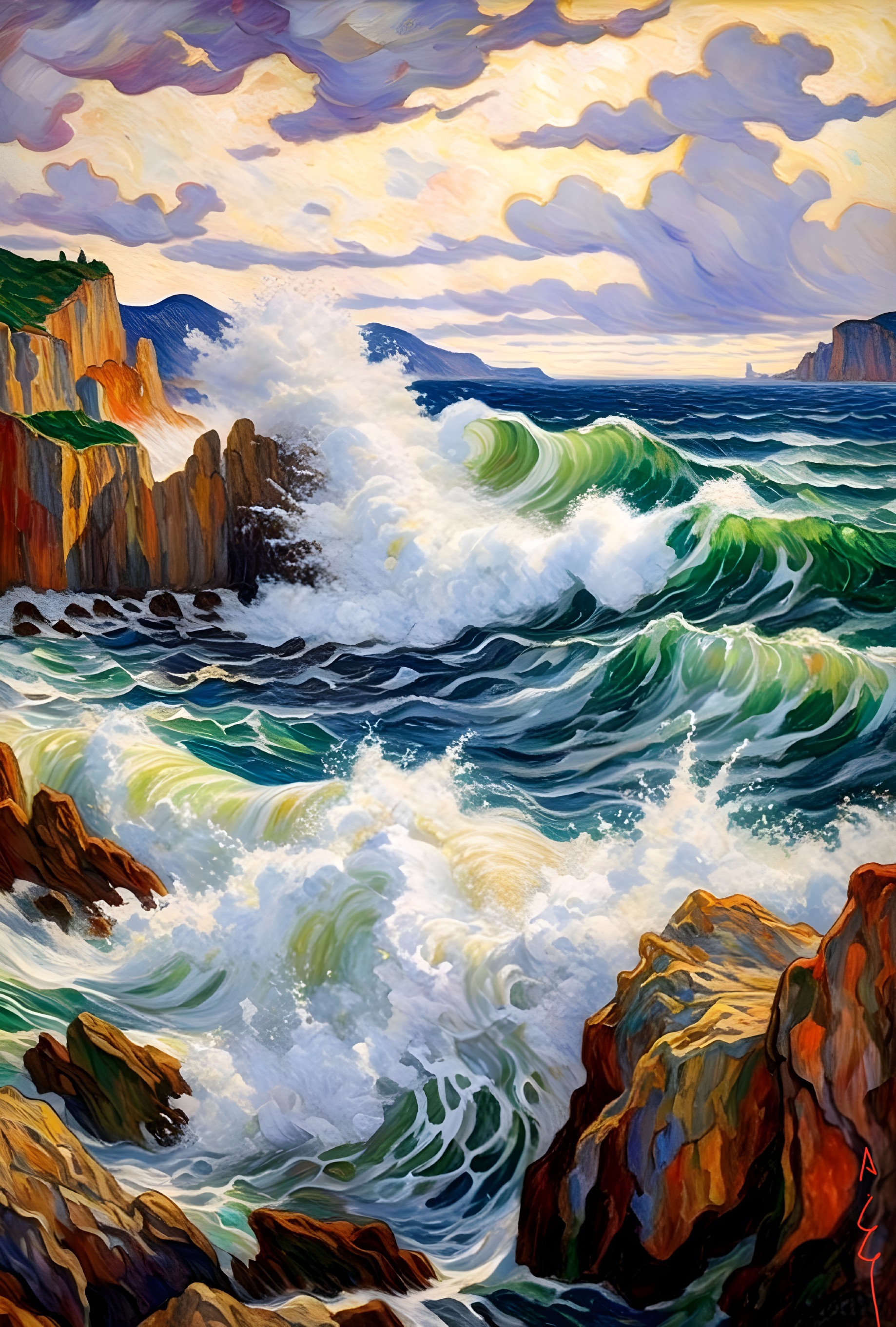 Vibrant Seascape with Waves and Rugged Cliffs