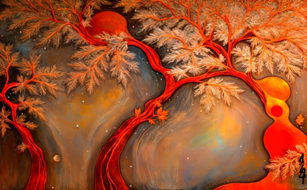 Abstract painting of intertwining trees and cosmos