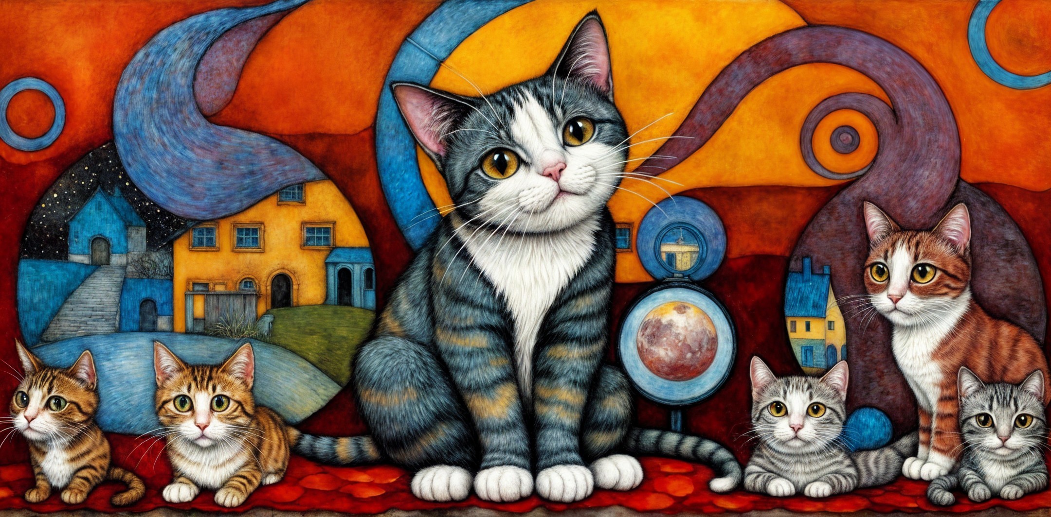 Whimsical Artwork of Tabby Cat Surrounded by Playful Cats