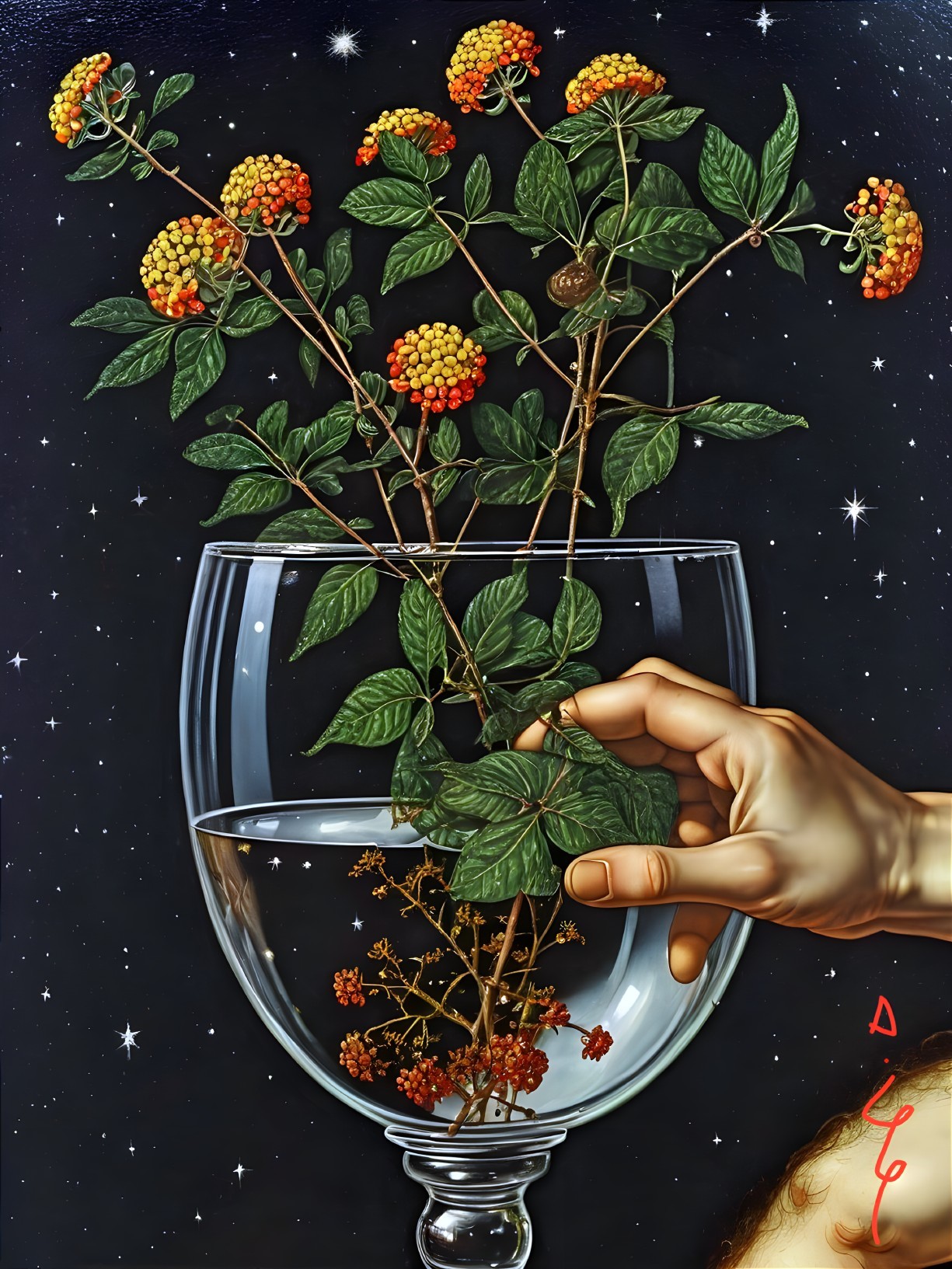 Flowering Plant in Water Against Starry Night Background