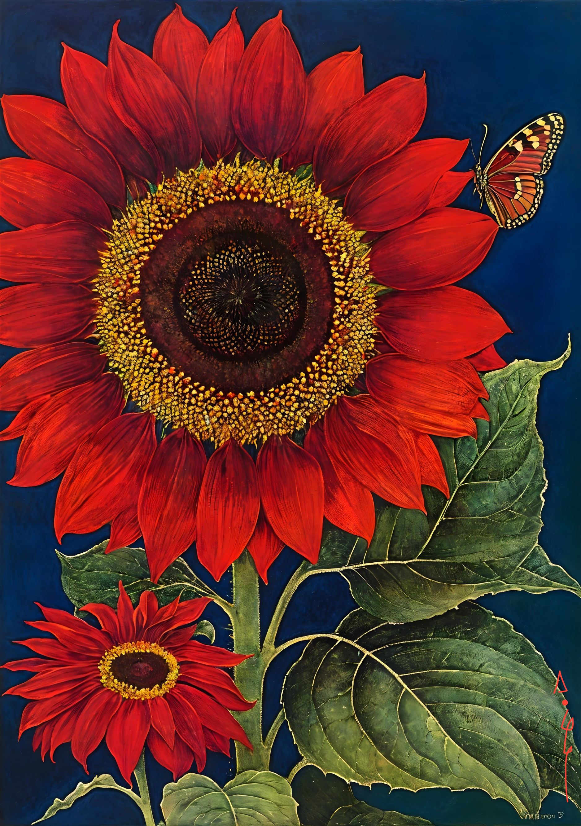 Vibrant Red Sunflowers with Butterfly on Blue Background