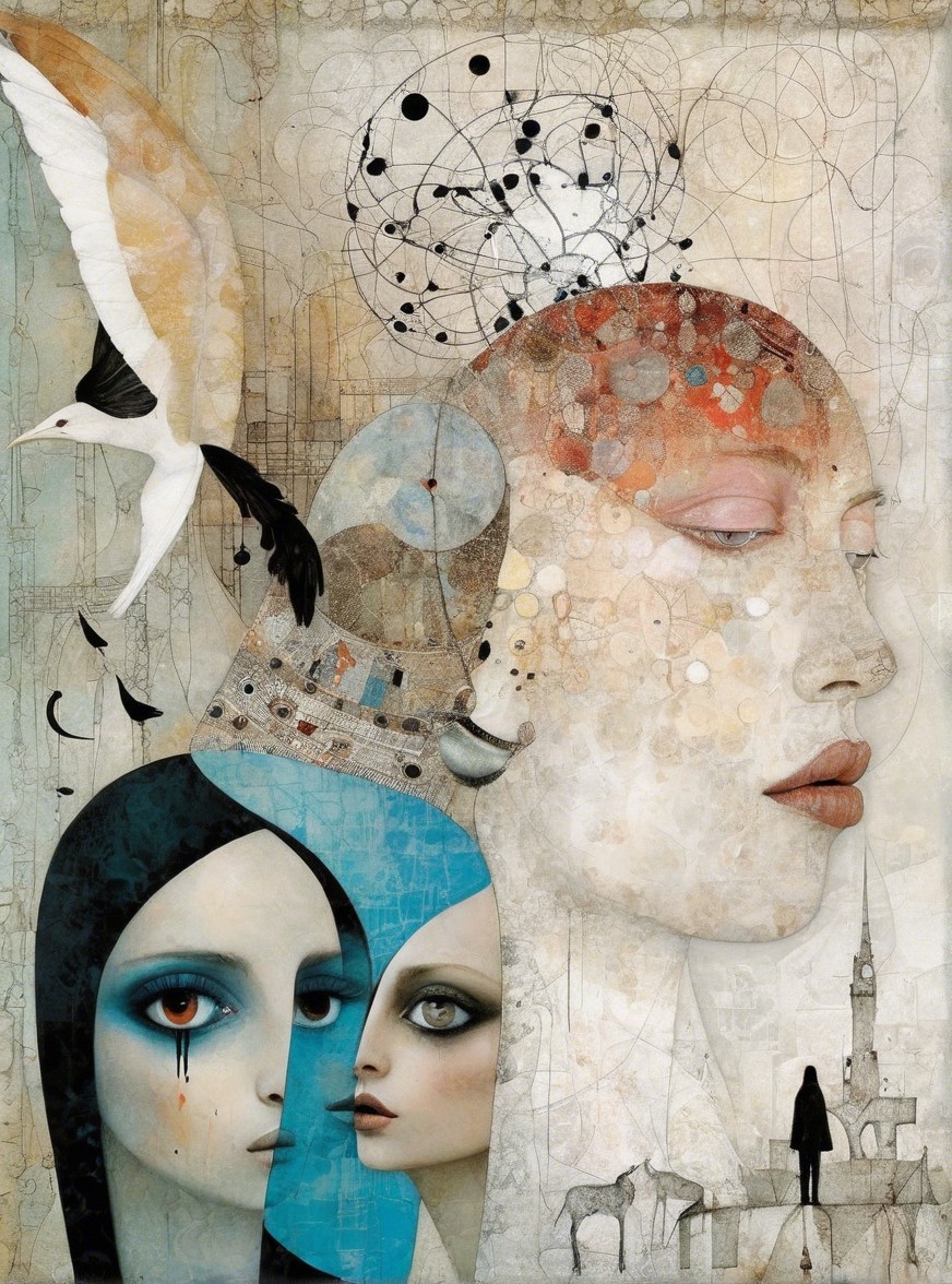 Surreal Artwork with Ethereal Female Faces and Symbols