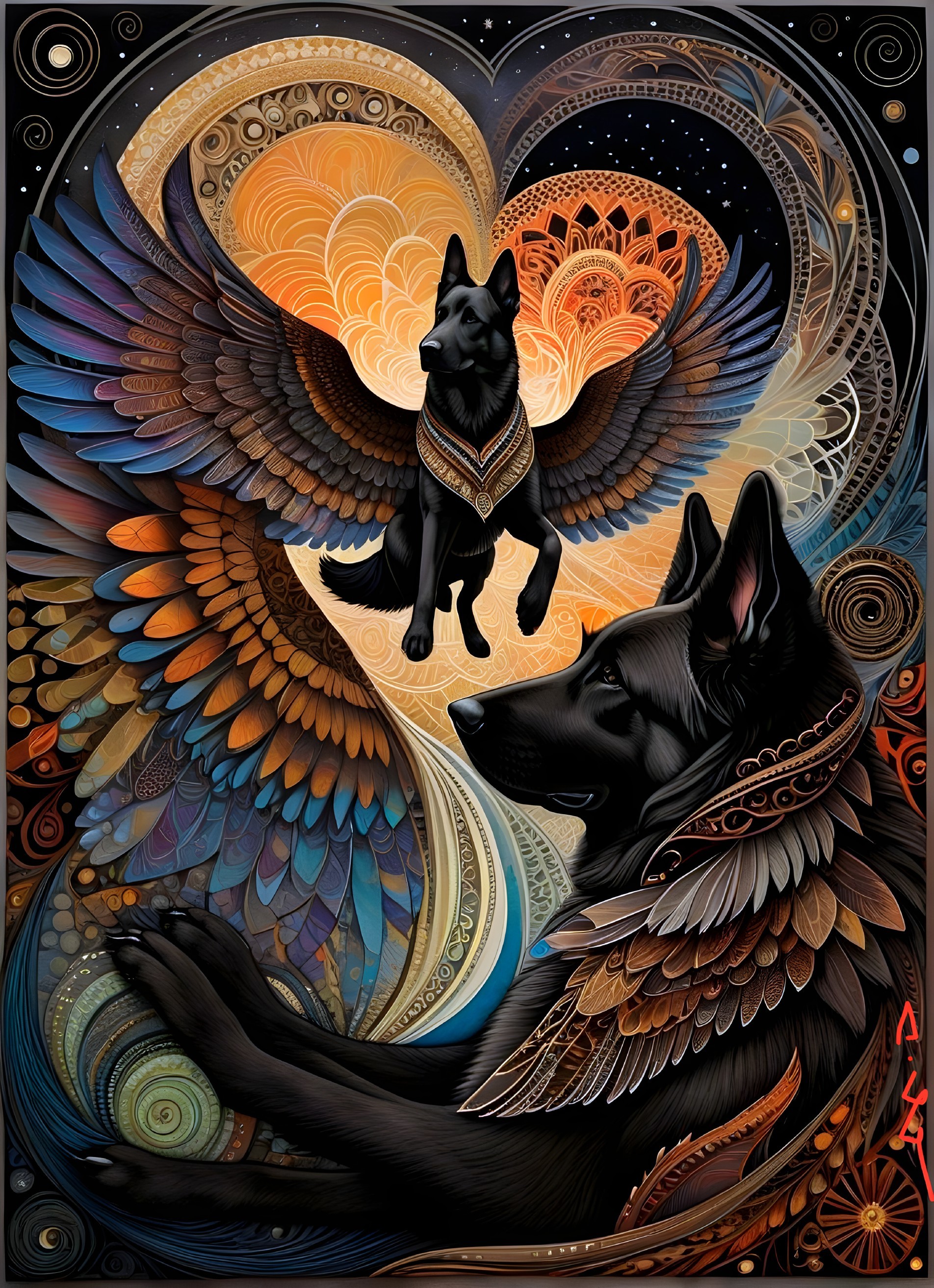 Stylized Black Dog with Patterns in Colorful Background