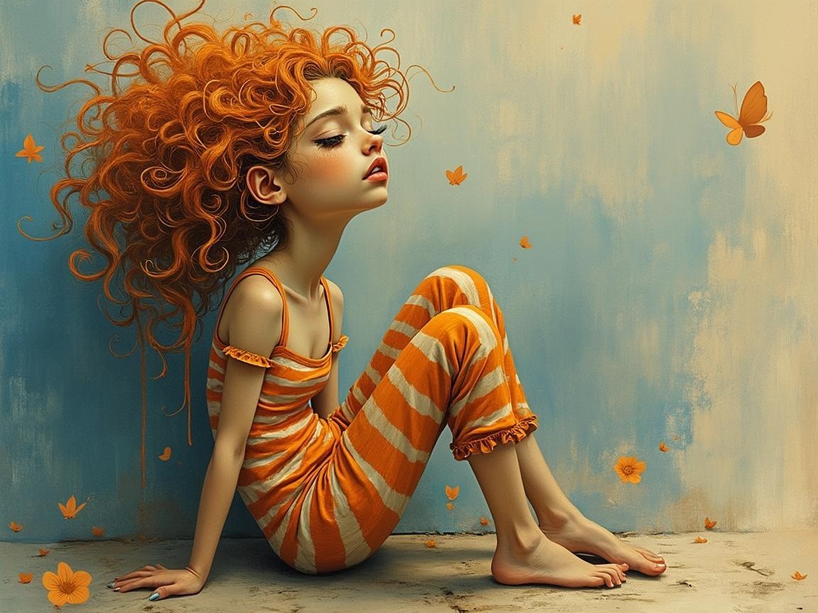 Young girl with orange hair in whimsical setting