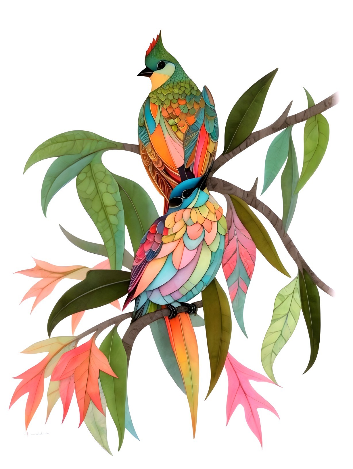 Colorful Birds on a Leafy Branch with Vibrant Patterns
