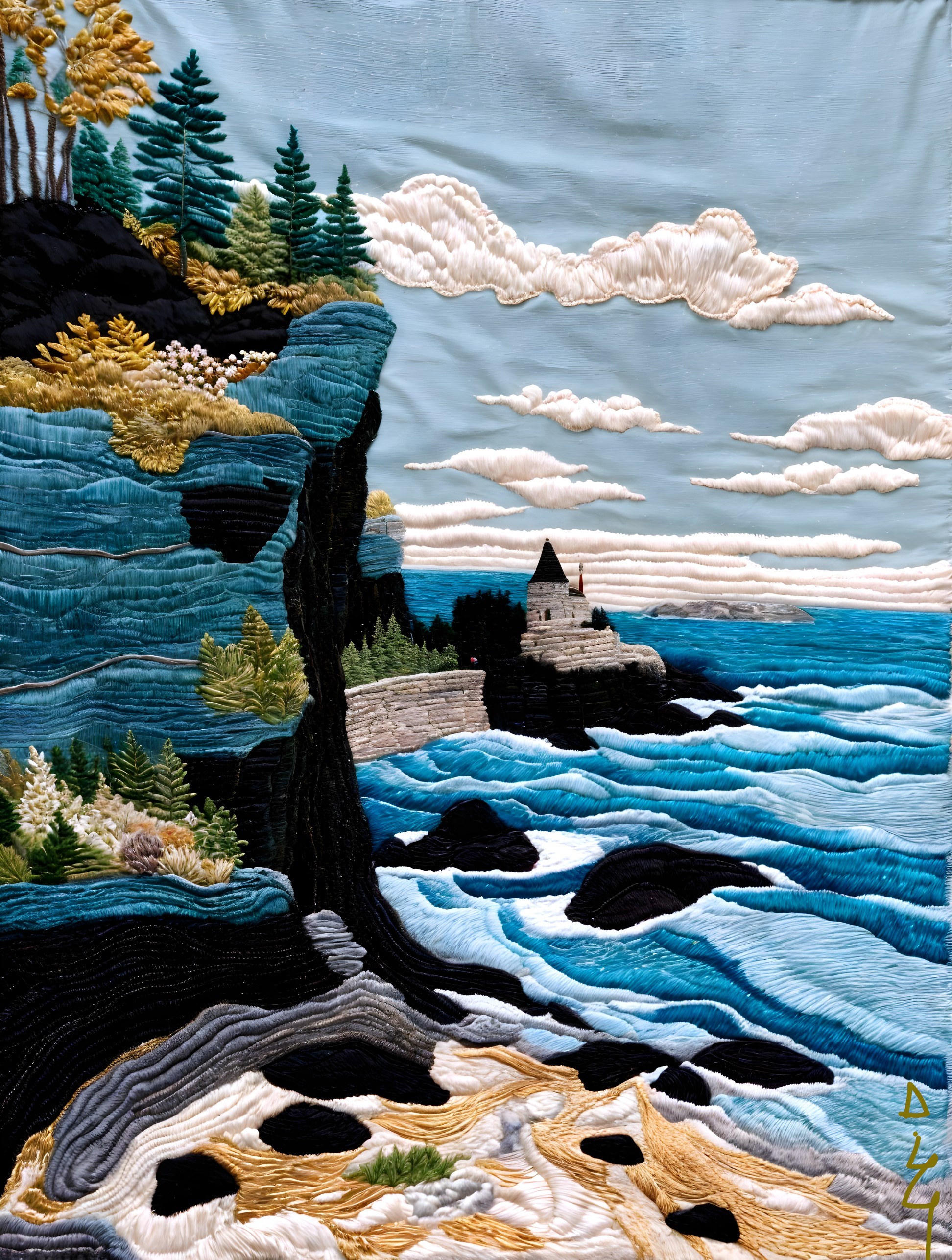 Vibrant Coastal Textile Artwork with Cliffs and Castle