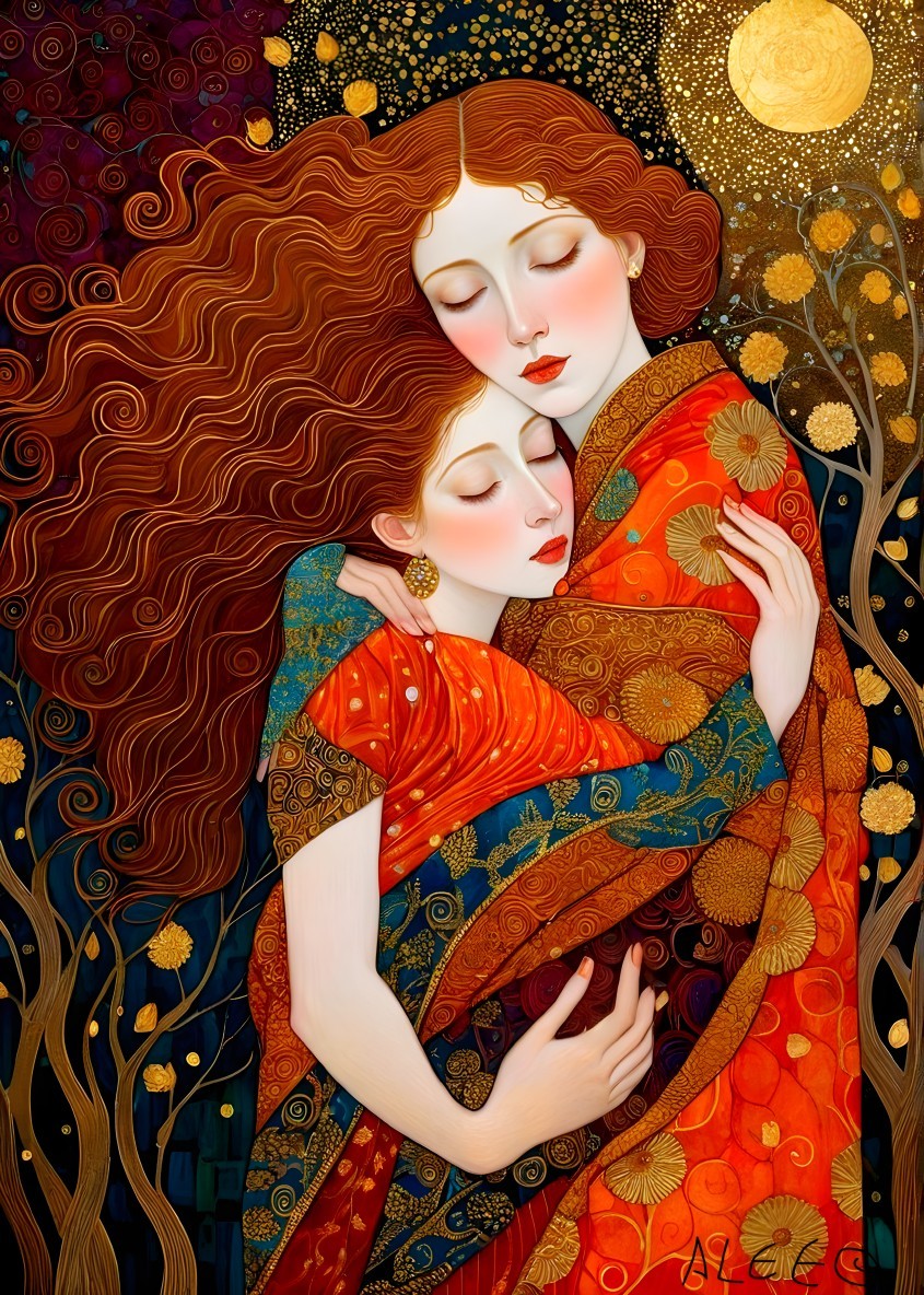 Women Embracing Under a Starry Night Sky