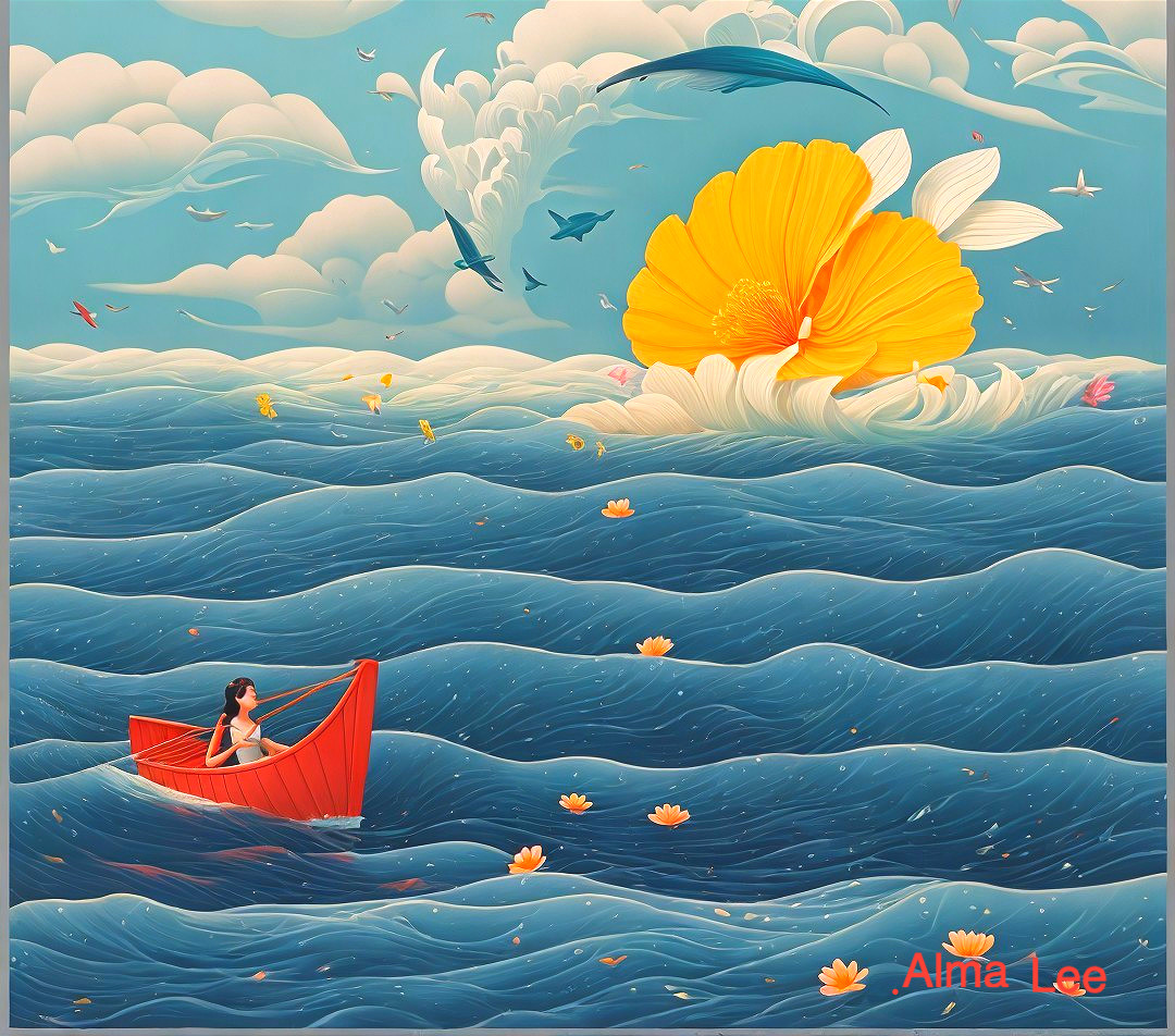 Woman in Red Boat on Vibrant Blue Waves and Flowers