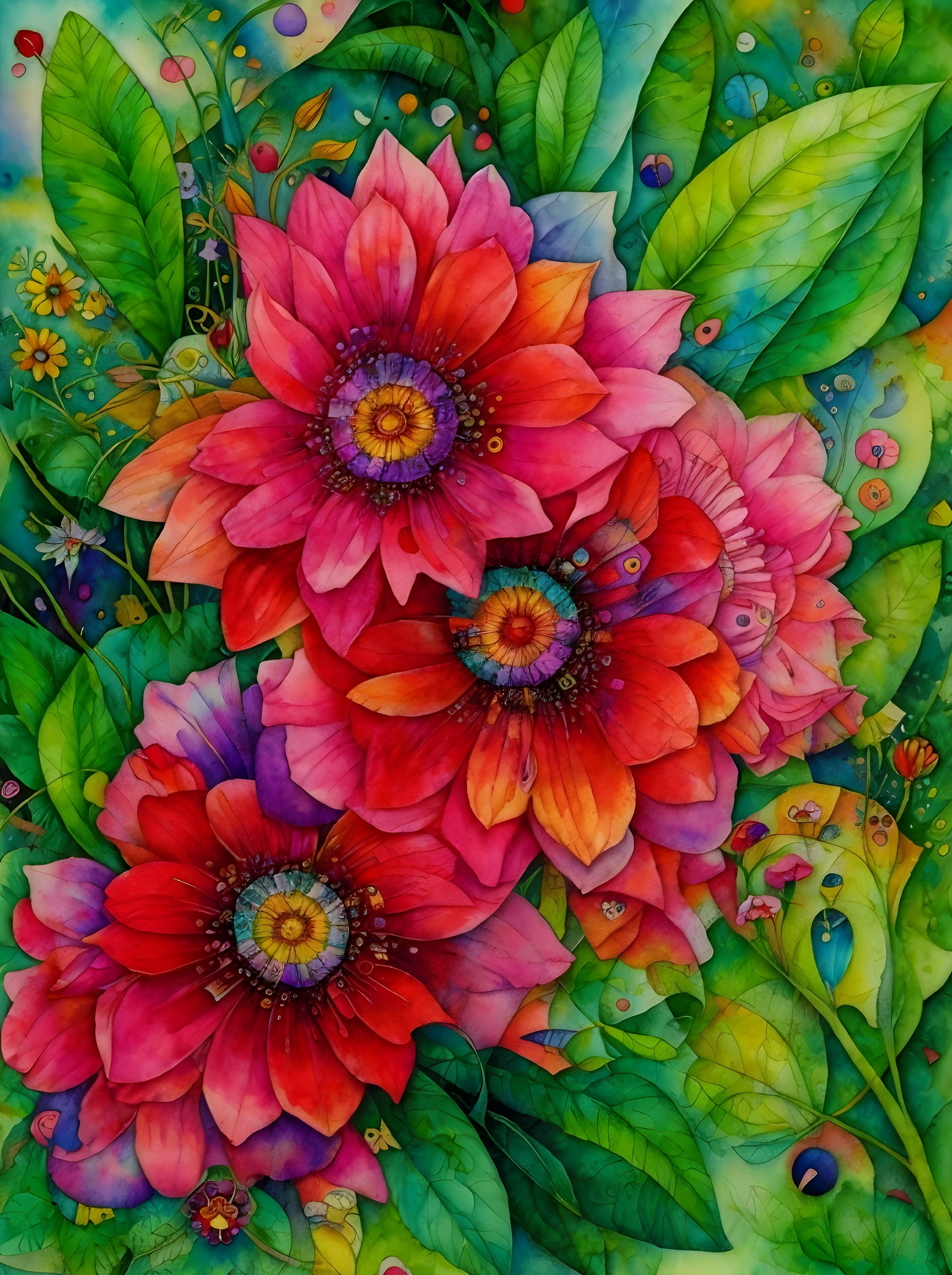 Vibrant Painting of Red and Pink Flowers with Green Leaves