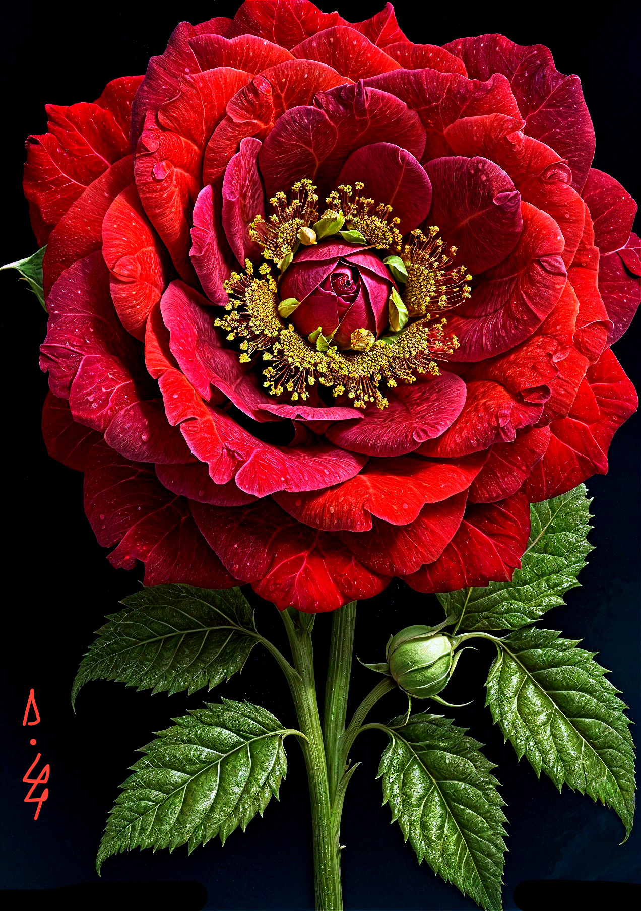 Red Rose Blooming Against Dark Background