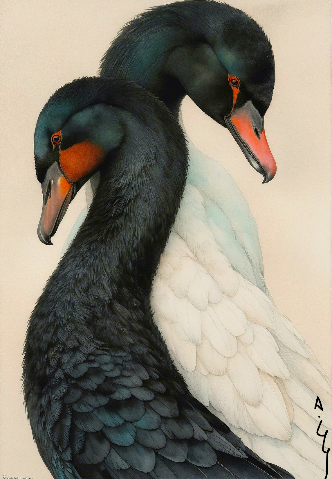 Elegant Swans with Contrasting Plumage and Symmetry