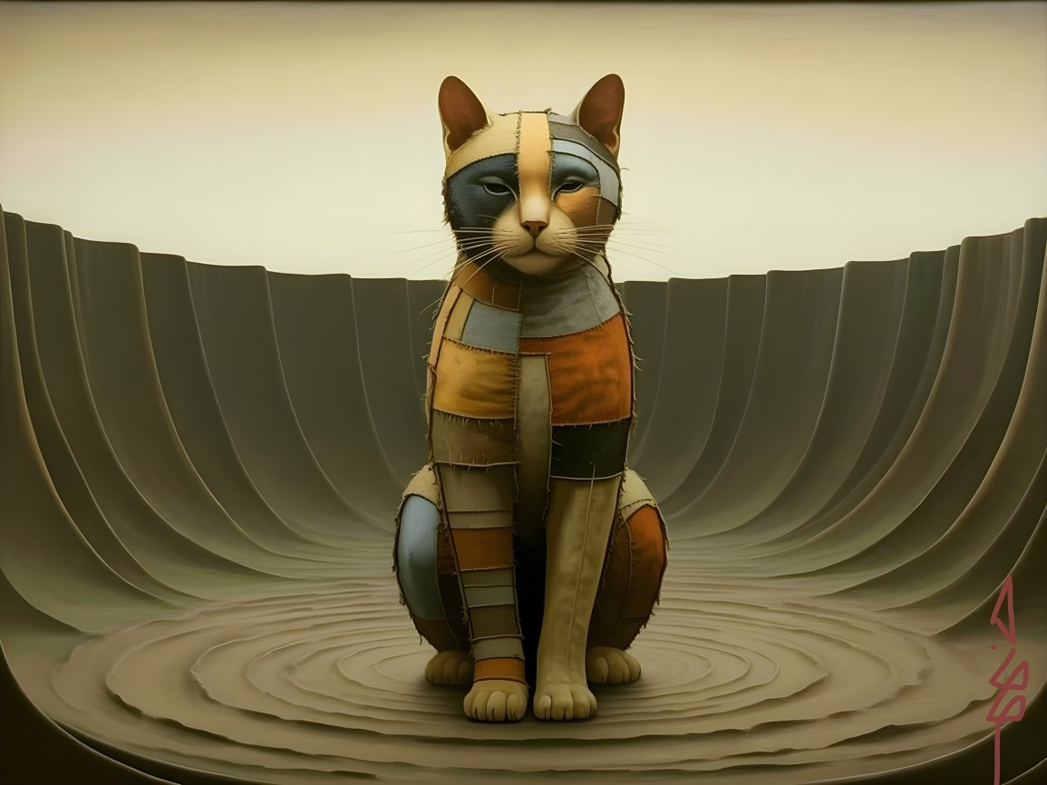 Colorful Patchwork Cat in Textured Surreal Background