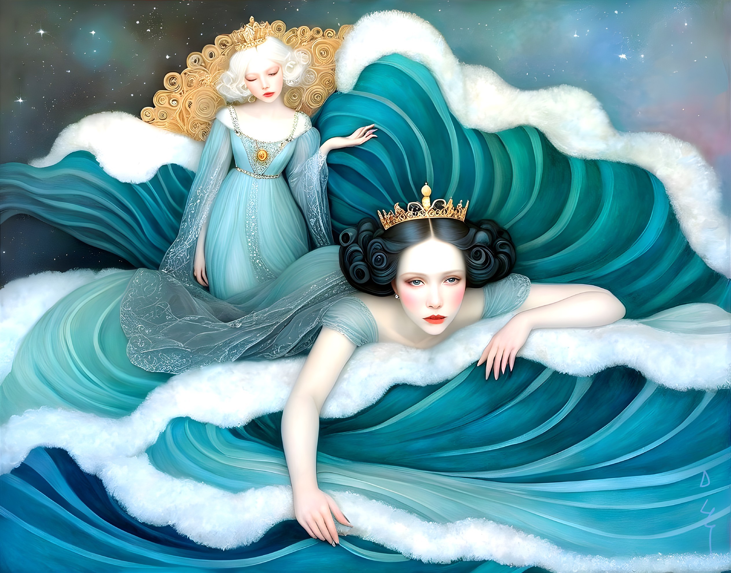 Ethereal Figures in Vibrant, Dreamlike Waves