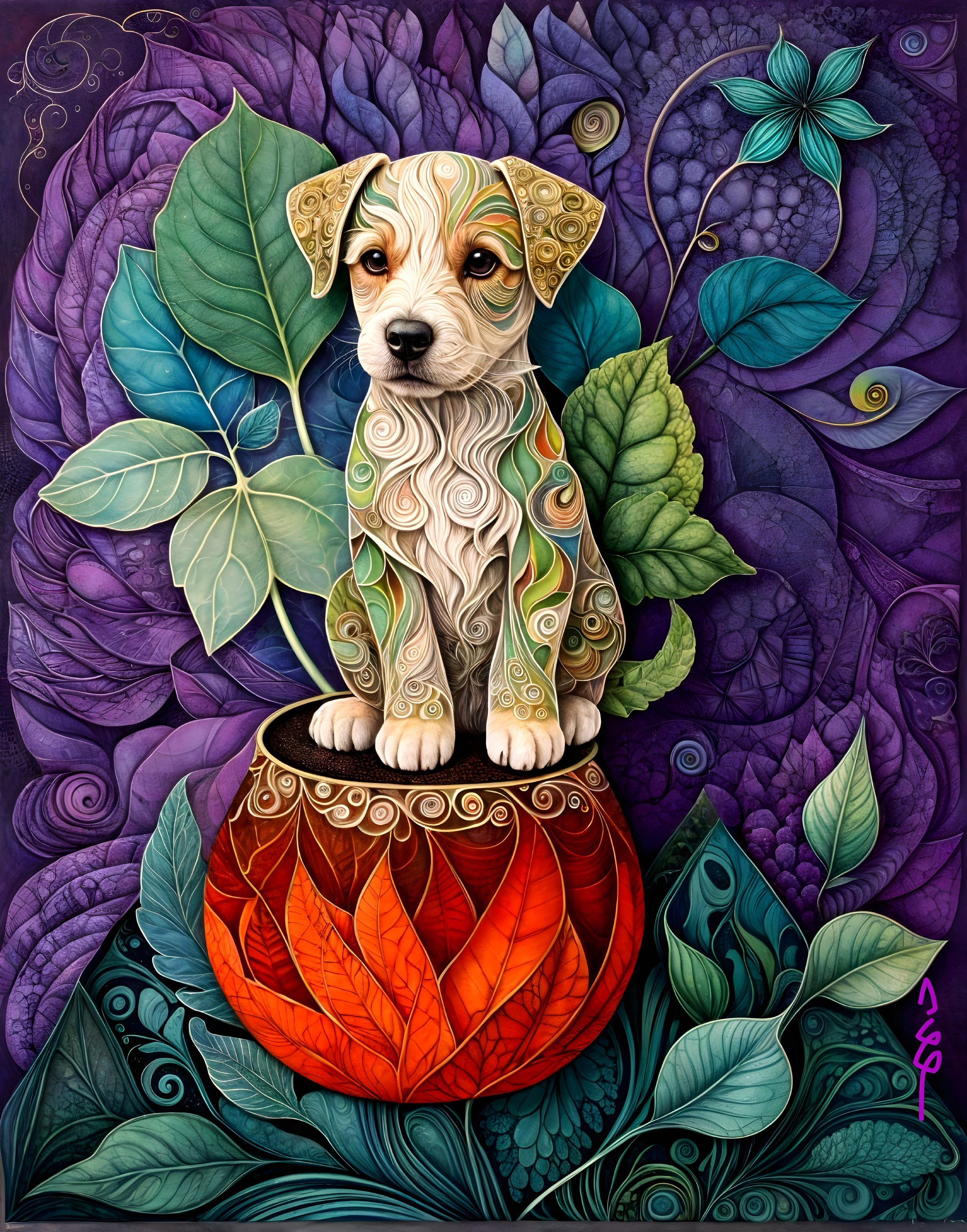 Whimsical Puppy in Ornate Flower Pot Illustration