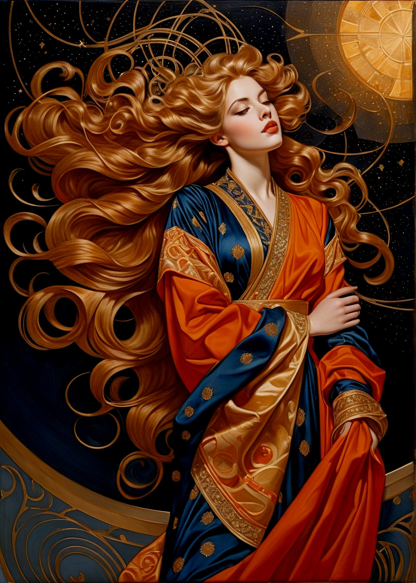 Woman with Golden Hair in Celestial Setting