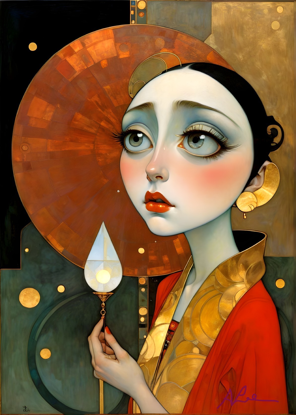 Stylized Portrait of a Woman with Lantern and Patterns
