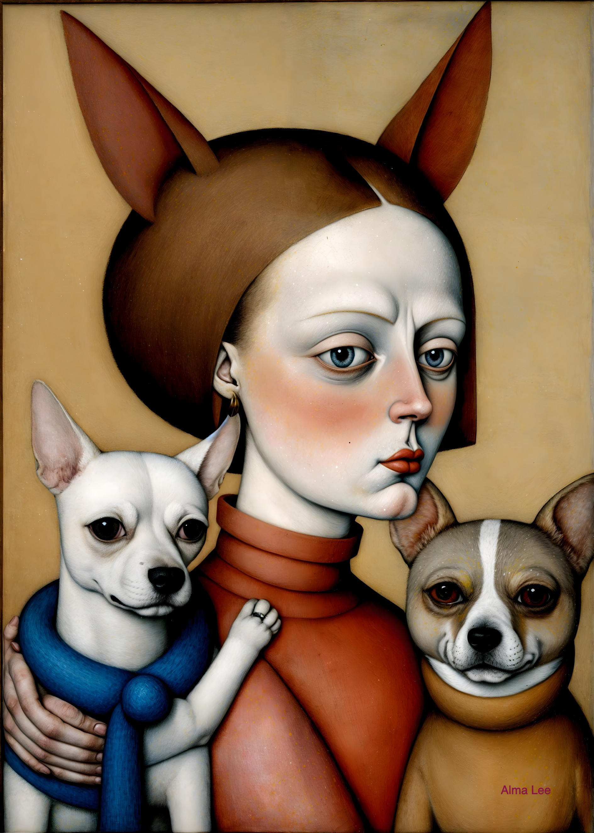 Stylized Female Figure with Dogs in Surreal Setting