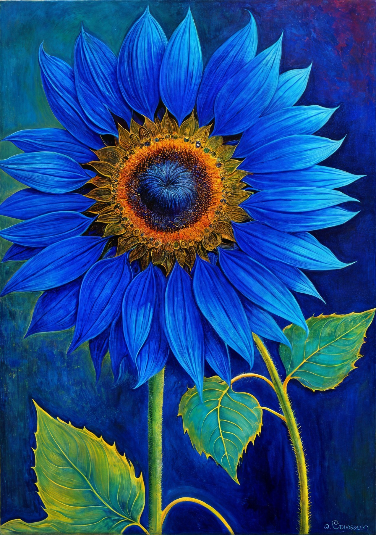 Surreal Sunflower with Blue Petals and Green Leaves