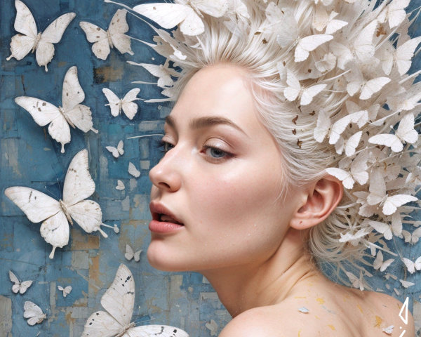 Woman with White Hair and Butterflies on Blue Background
