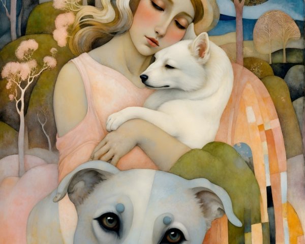 Serene Woman with Dogs in Dreamy Landscape Art