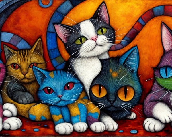 Colorful Artwork of Six Whimsical Cats on Orange Background