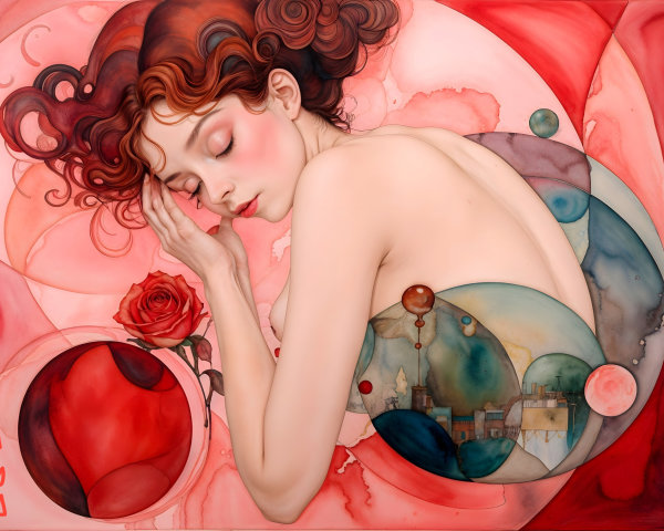 Serene Artwork of a Woman with Red Hair and Rose