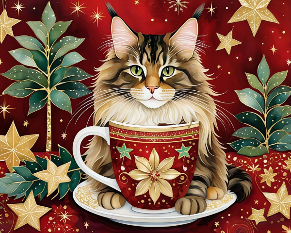 Full body portrait of a long-haired tabby cat in a mug