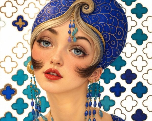 Portrait of a woman in blue headdress and outfit