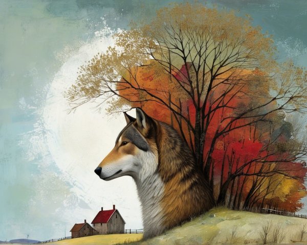 Majestic wolf blending with colorful autumn landscape