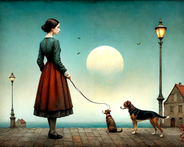 Young woman with dogs on cobblestone street at night