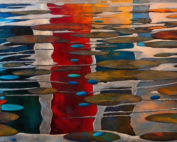 Serene Pond Scene with Colorful Reflections and Lily Pads